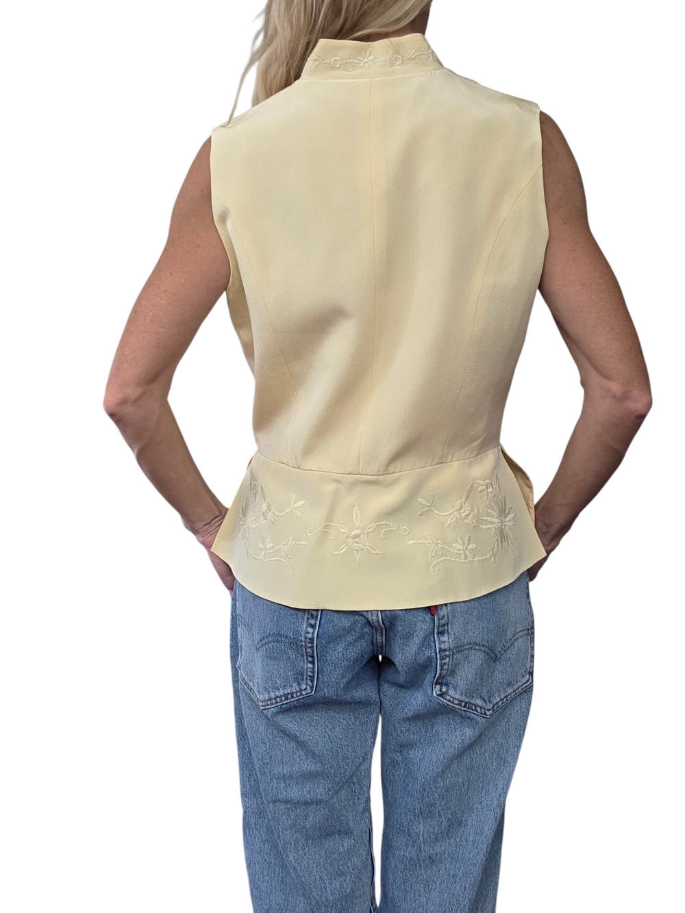 Vintage 90s Silk Embroidered Vest Pale Yellow Tailored Peplum Minimalist 10 - Picture 3 of 8
